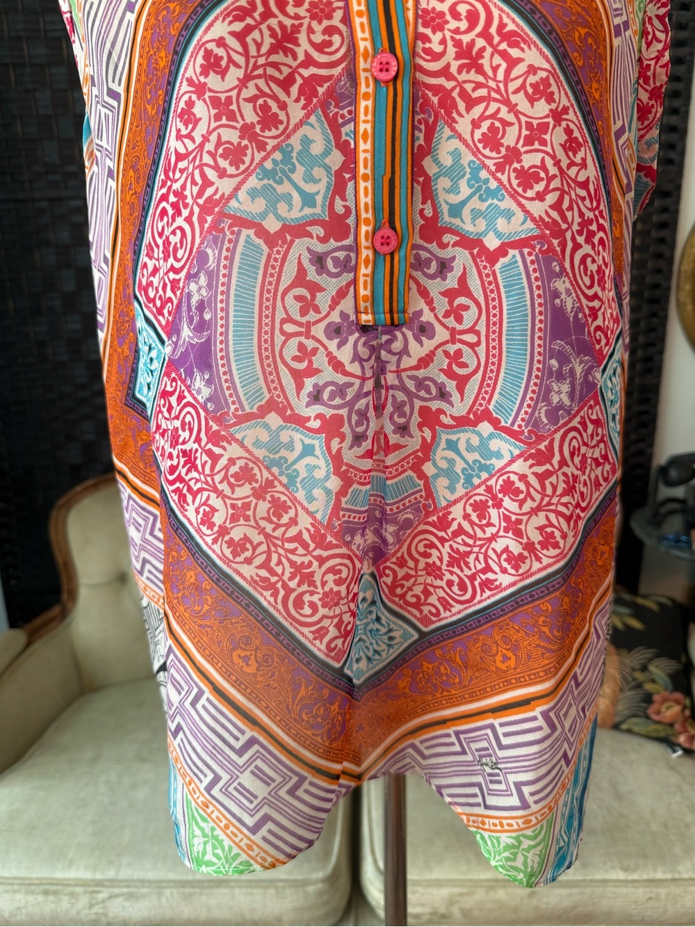 🌺 Hale Bob 100% Silk Sheer Sleeveless Tunic Blouse M Boho Luxe Medallion Print - Picture 3 of 11